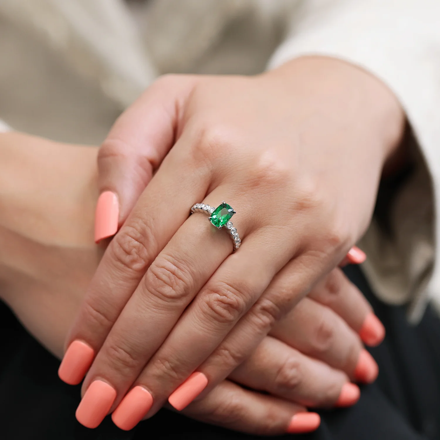 Platinum Tsavorite Ring With Diamond Set Shoulders - Image 3