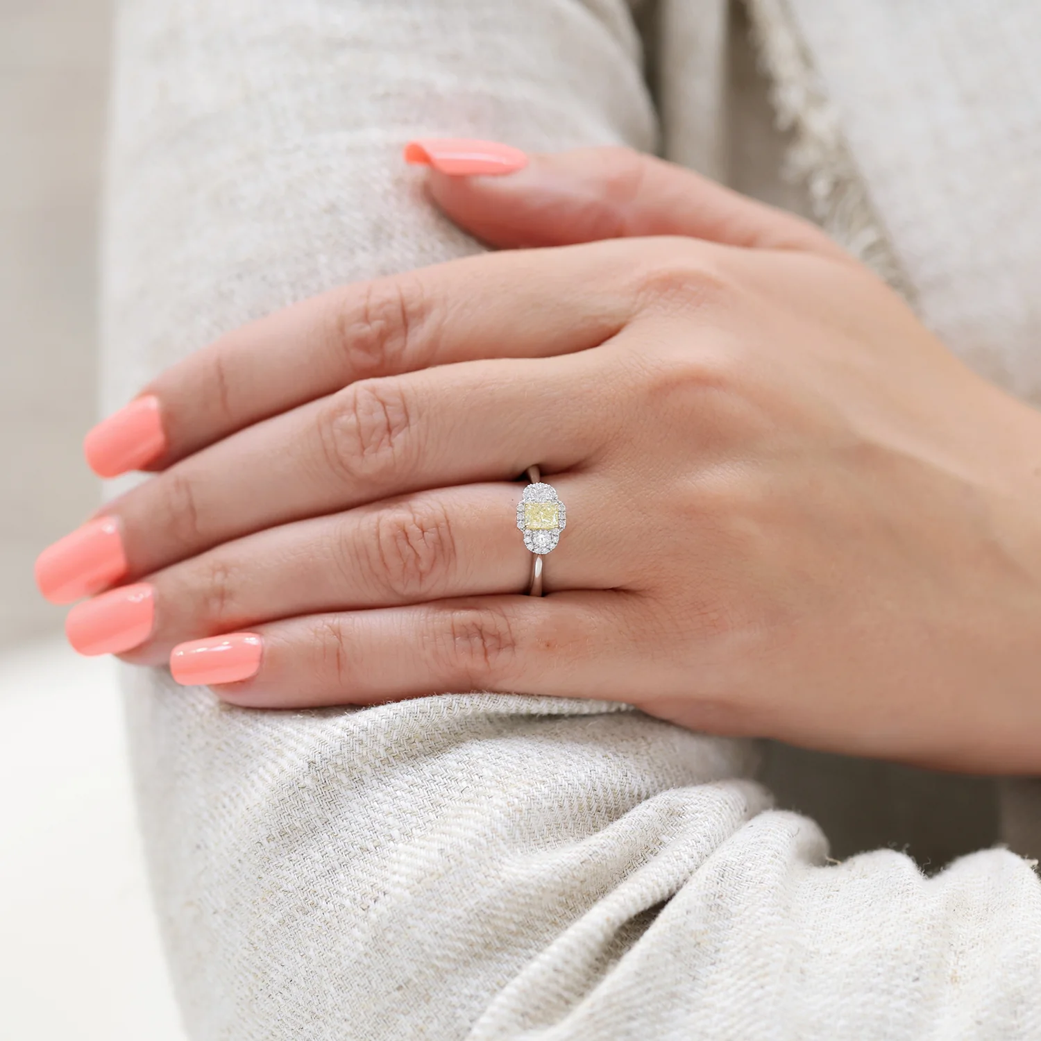 Platinum Yellow Diamond Three Stone Diamond Halo Ring - Image 2