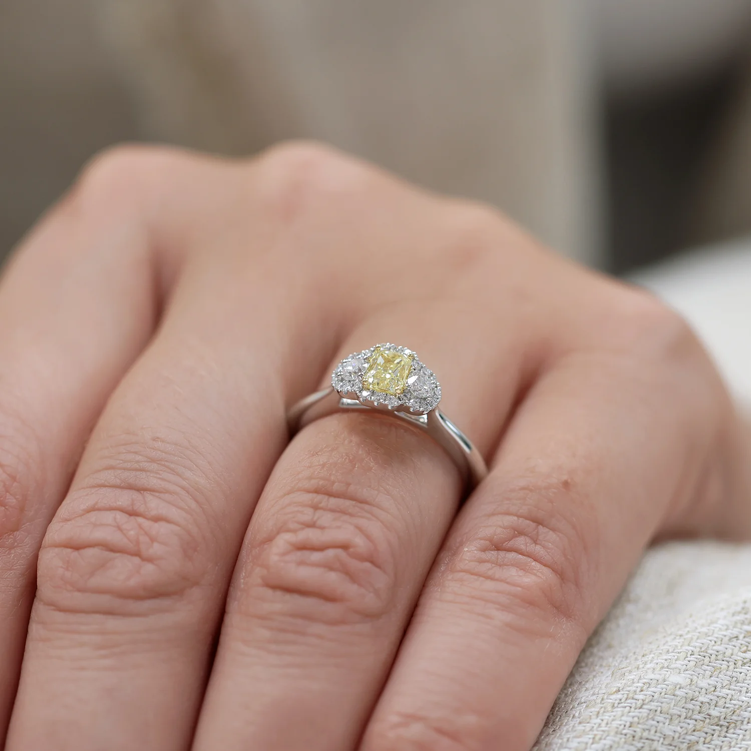 Platinum Yellow Diamond Three Stone Diamond Halo Ring - Image 3