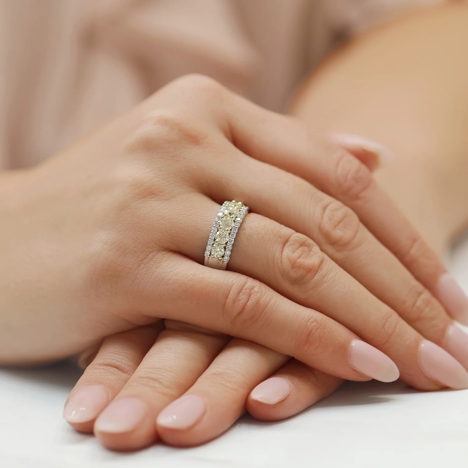 Platinum Yellow & White Diamond Three Row Dress Ring - Image 3