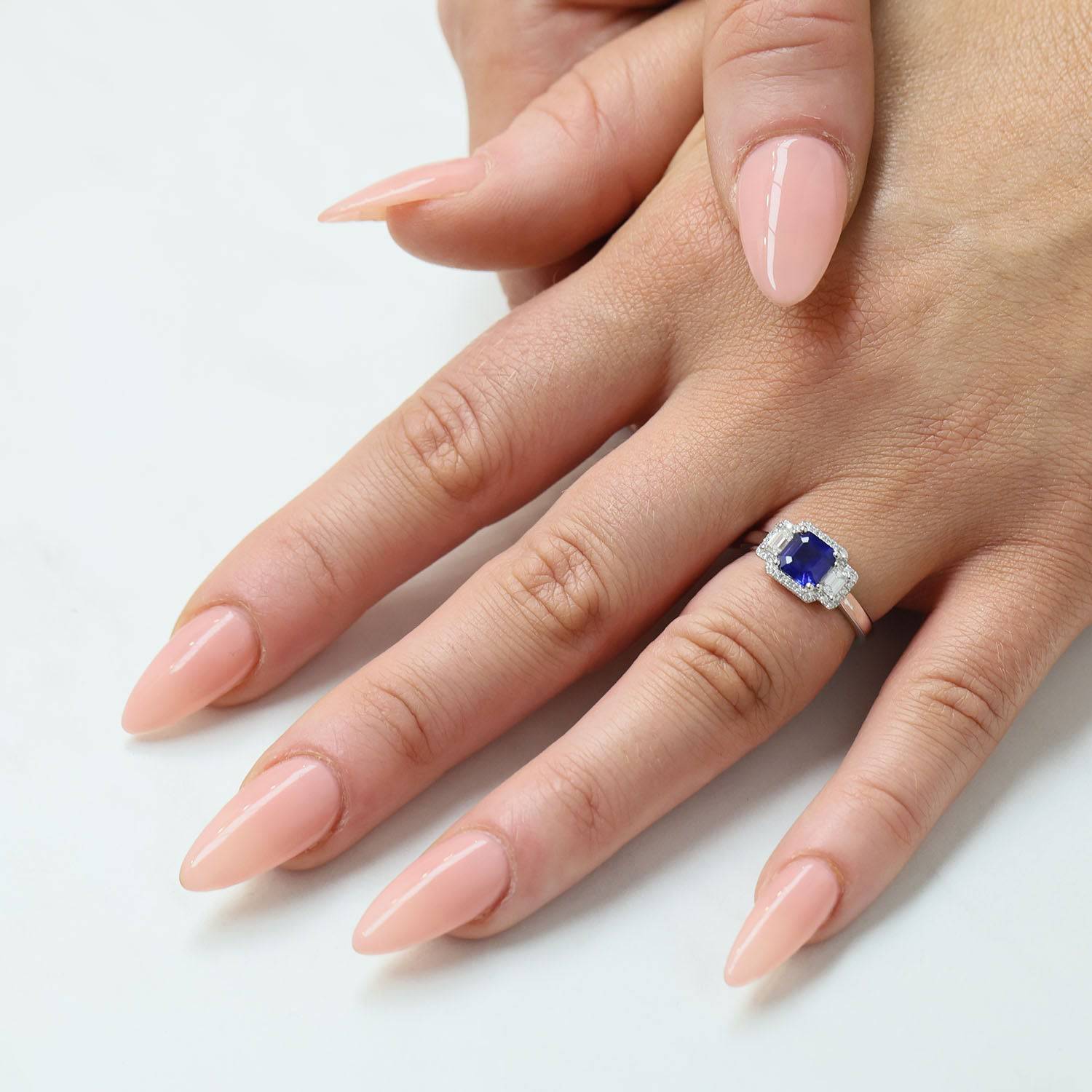 Platinum Sapphire And Diamond Three Stone Halo Dress Ring - Image 2