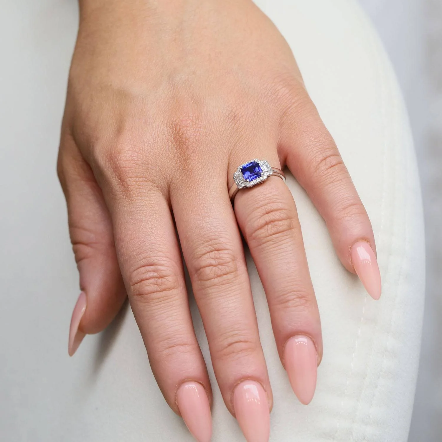 Platinum Sapphire And Diamond Three Stone Halo Dress Ring - Image 3