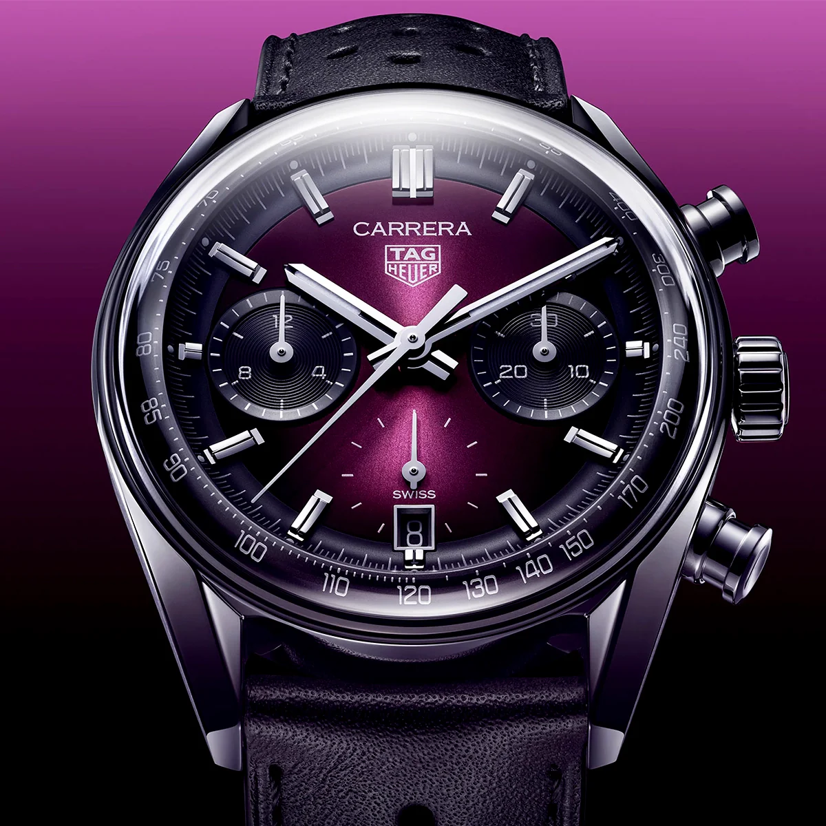 Carrera 39mm Purple Gradient Dial Automatic Chronograph Strap Watch - Image 2