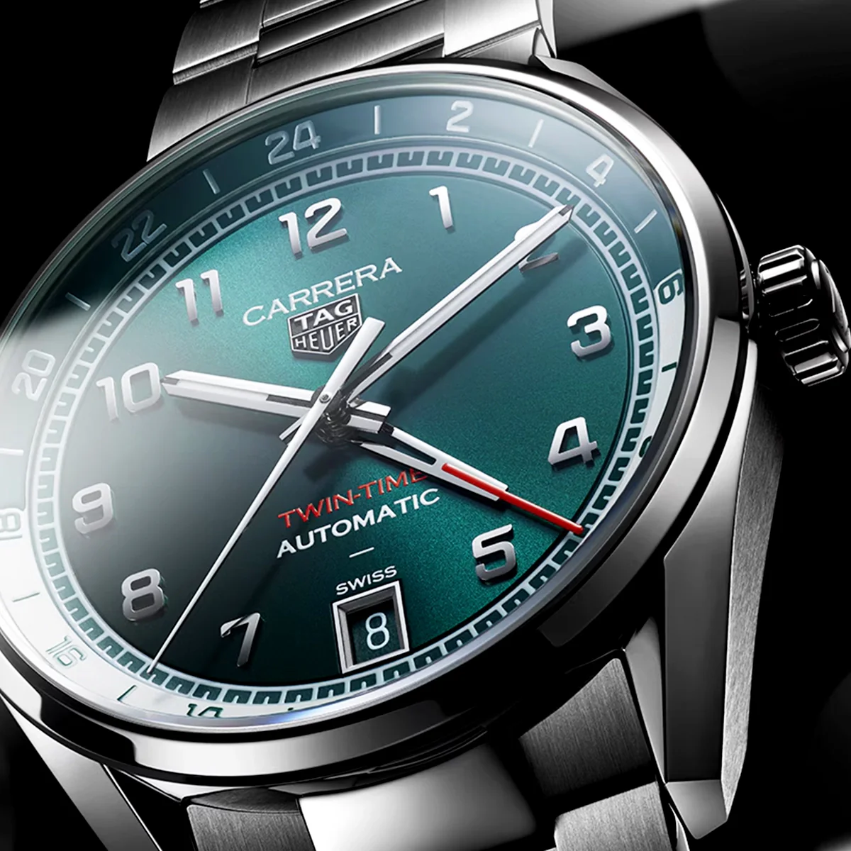 Carrera Date Twin-Time 41mm Teal Green Dial Bracelet Watch - Image 2
