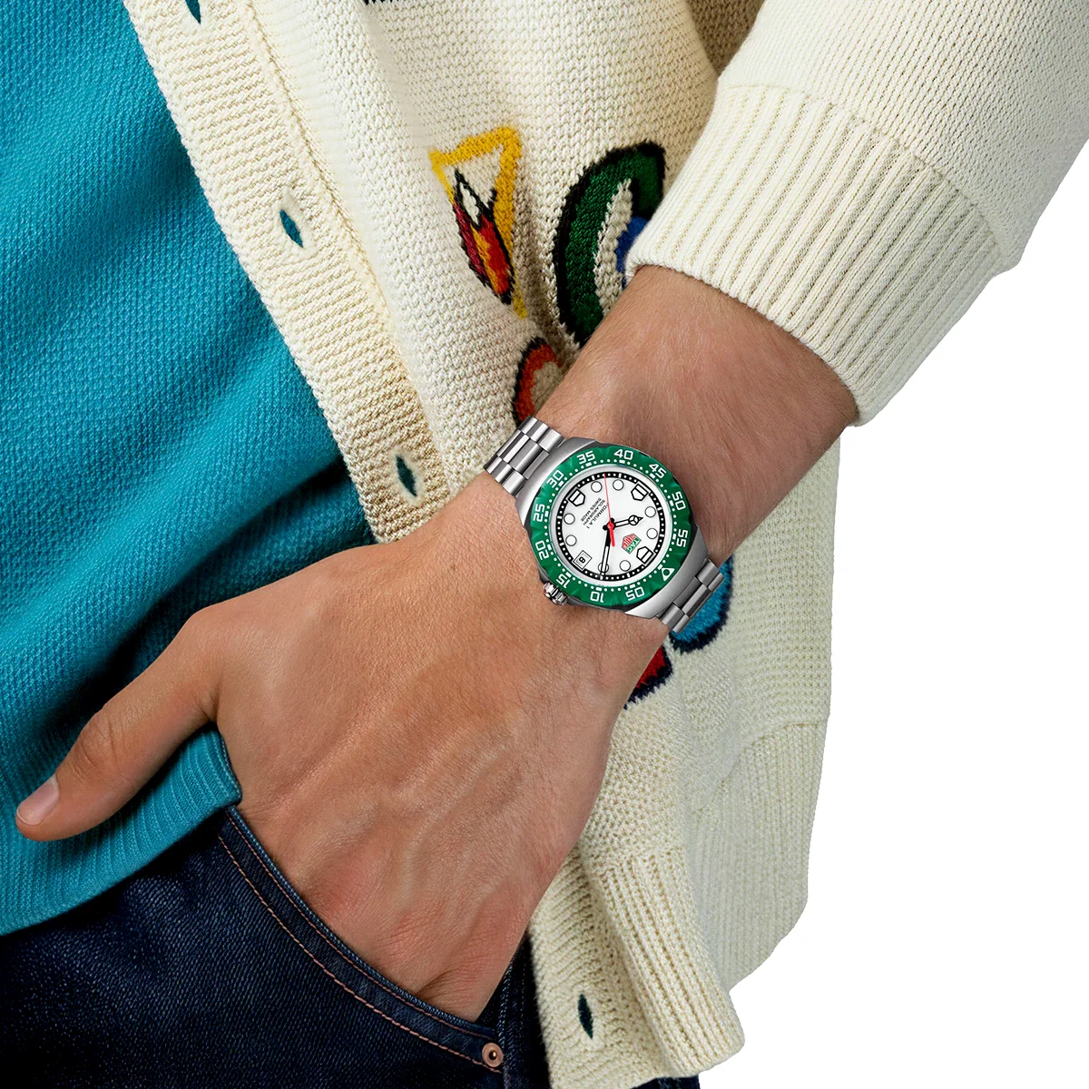 Formula 1 Solargraph 38mm White Dial & Green Bezel Mens Watch - Image 2
