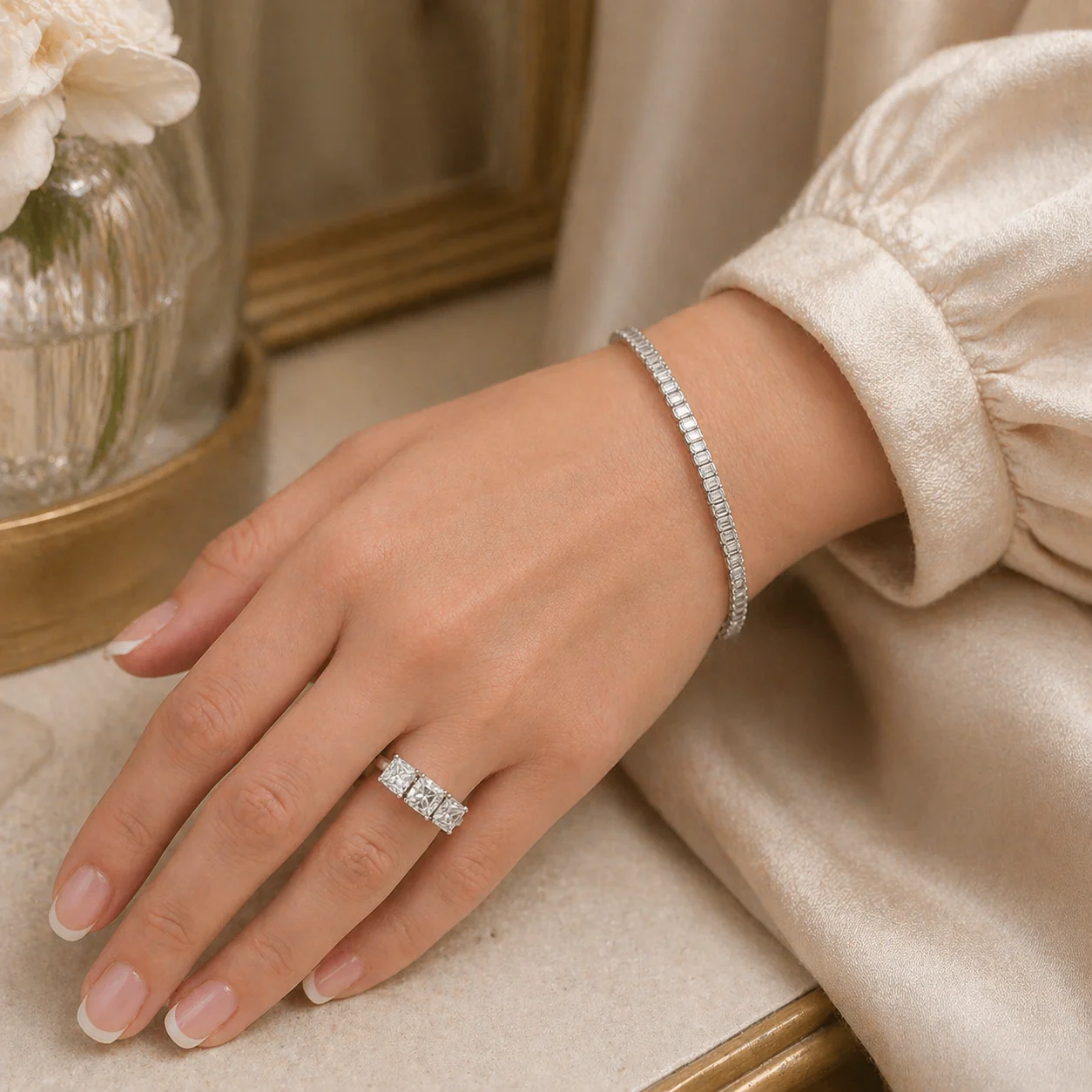 18ct White Gold Emerald Cut Diamond Rubover Set Bracelet - Image 2