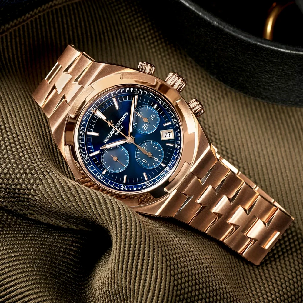 Overseas Chronograph 18ct Pink Gold Blue Dial Mens Bracelet Watch - Image 2