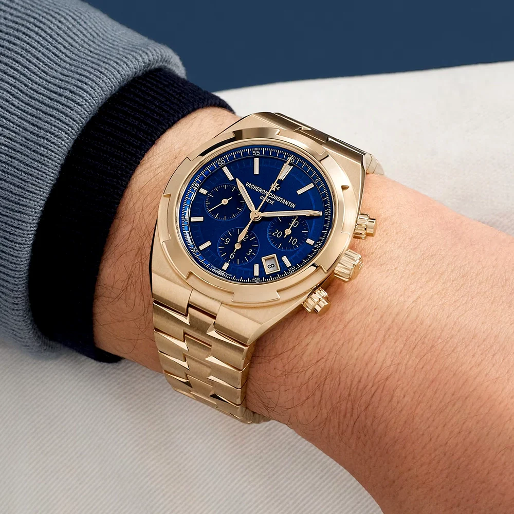Overseas Chronograph 18ct Pink Gold Blue Dial Mens Bracelet Watch - Image 3
