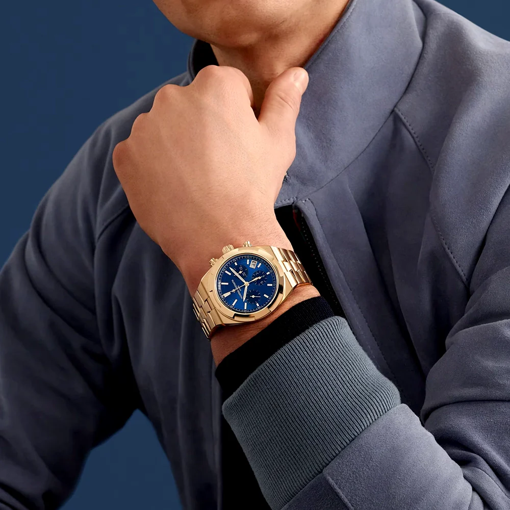 Overseas Chronograph 18ct Pink Gold Blue Dial Mens Bracelet Watch - Image 4