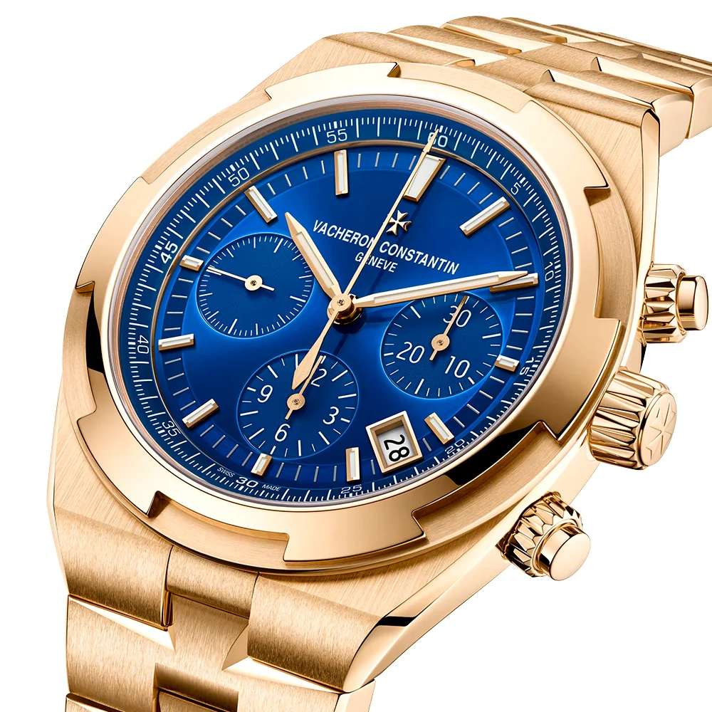 Overseas Chronograph 18ct Pink Gold Blue Dial Mens Bracelet Watch - Image 5