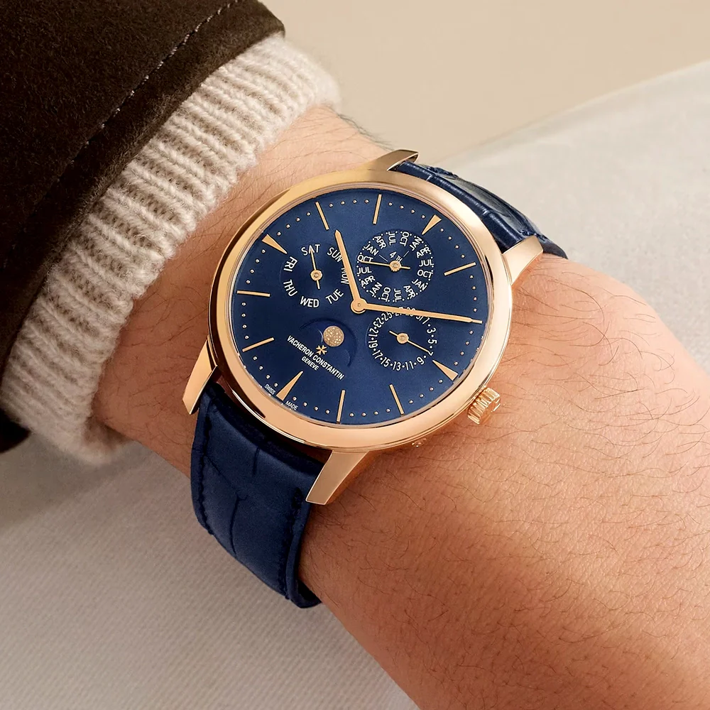 Patrimony Perpetual Calendar 18ct Pink Gold Blue Dial Strap Watch - Image 2