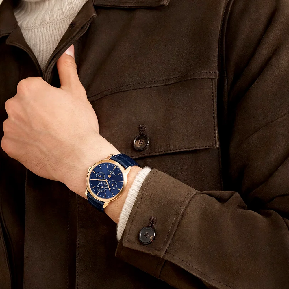 Patrimony Perpetual Calendar 18ct Pink Gold Blue Dial Strap Watch - Image 3