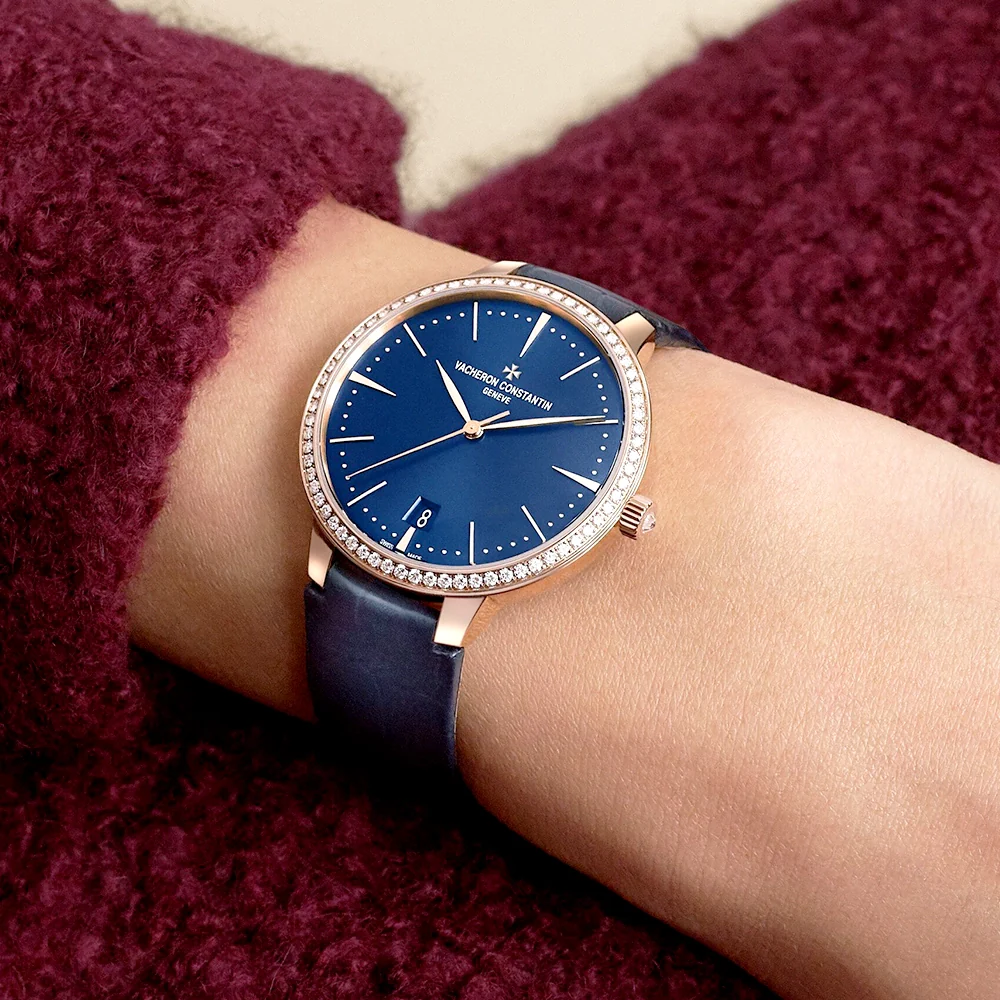 Patrimony Self-Winding 36.5mm 18ct Pink Gold Diamond Bezel Blue Dial Strap Watch - Image 2