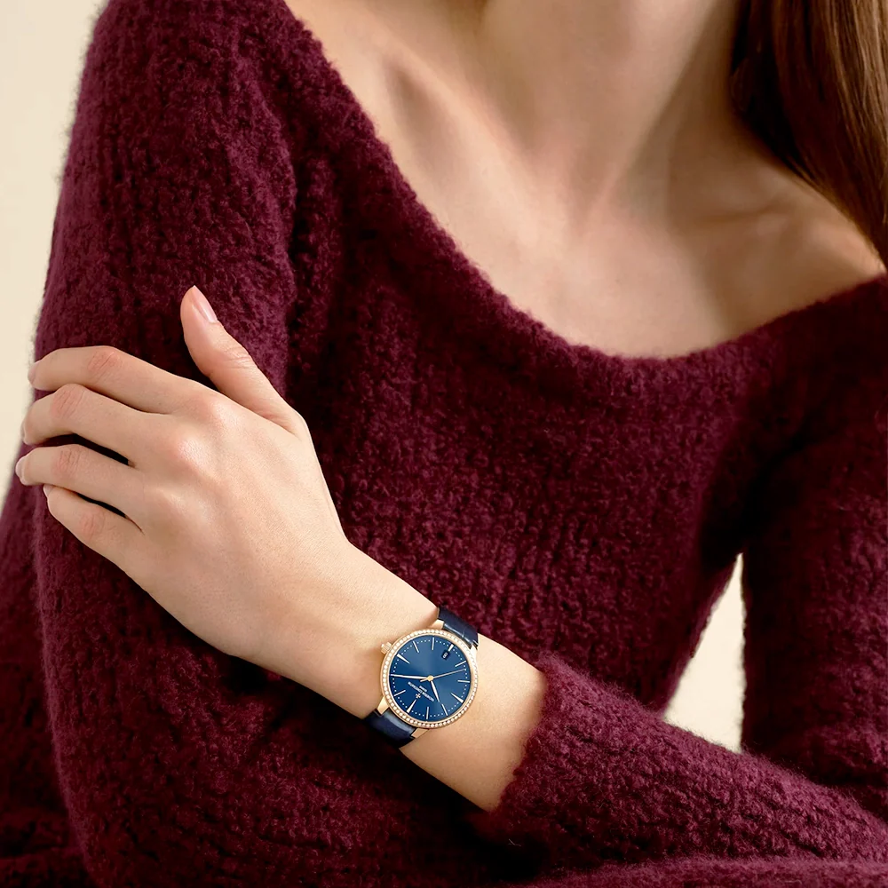 Patrimony Self-Winding 36.5mm 18ct Pink Gold Diamond Bezel Blue Dial Strap Watch - Image 3