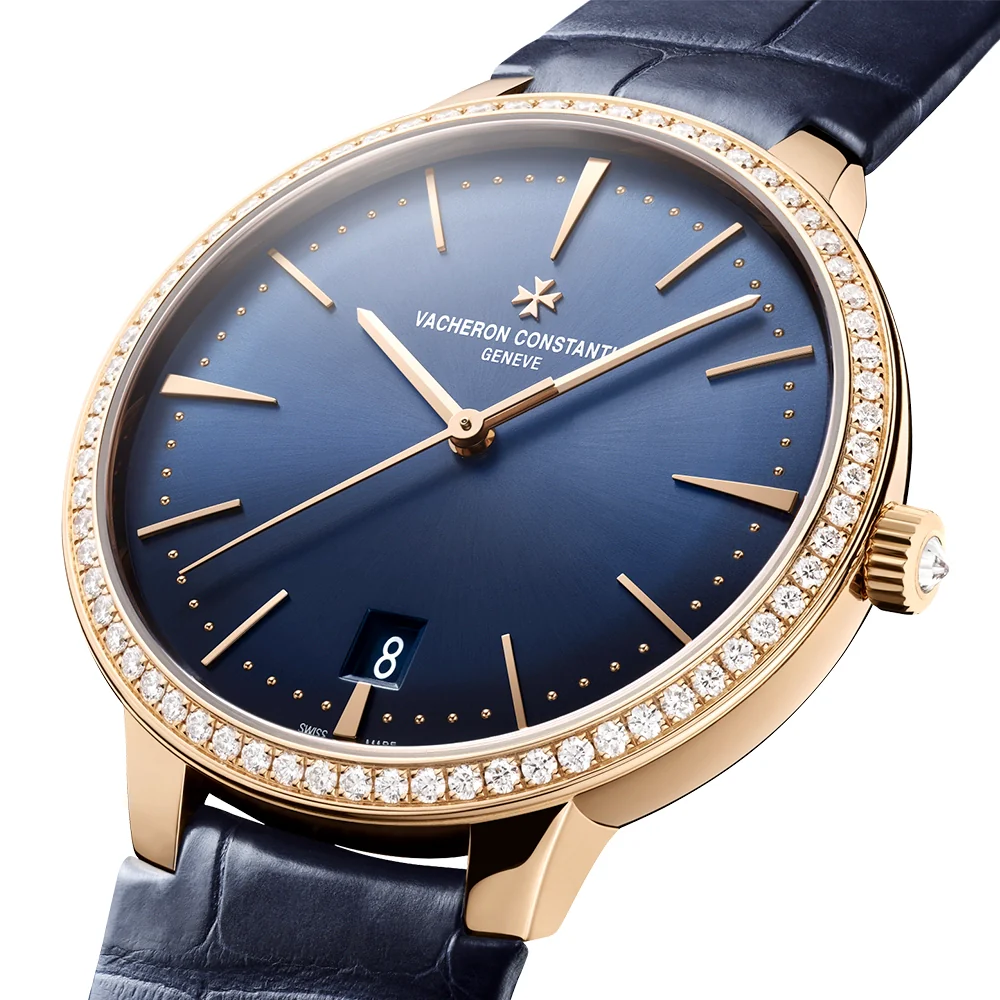 Patrimony Self-Winding 36.5mm 18ct Pink Gold Diamond Bezel Blue Dial Strap Watch - Image 4