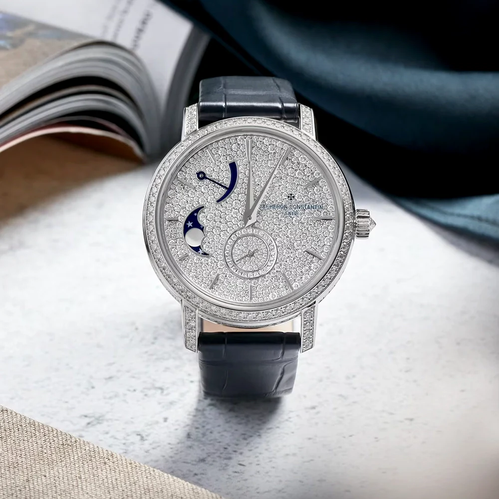 Traditionnelle Moon Phase 18ct White Gold Diamond Dial Set Ladies Watch - Image 2