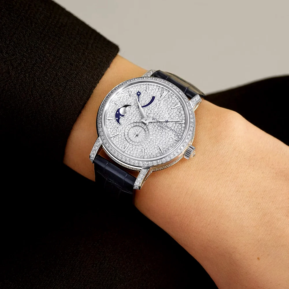 Traditionnelle Moon Phase 18ct White Gold Diamond Dial Set Ladies Watch - Image 3