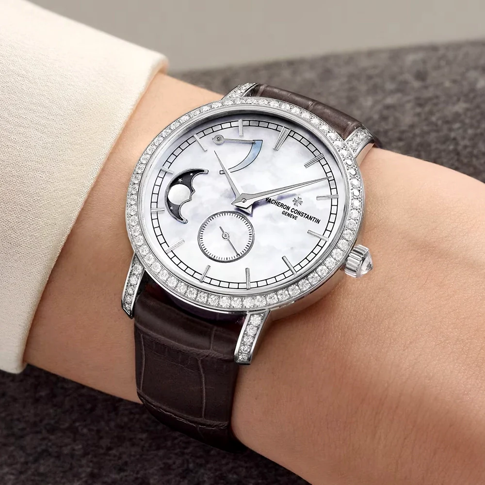 Traditionnelle Moon Phase 18ct White Gold Diamond Bezel Set Ladies Watch - Image 2